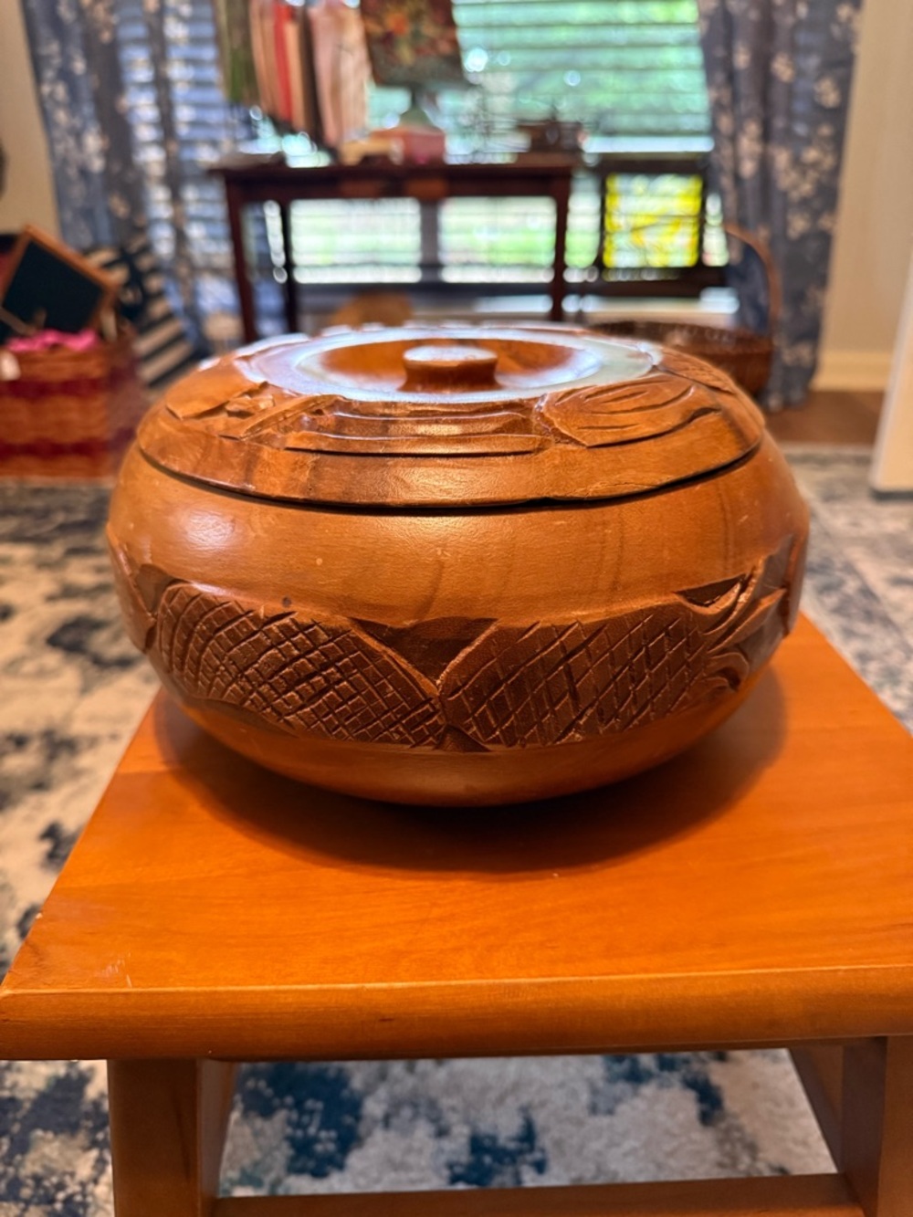 Hand Carved Vintage Wooden Lidded Bowl - Island Motif - READ description